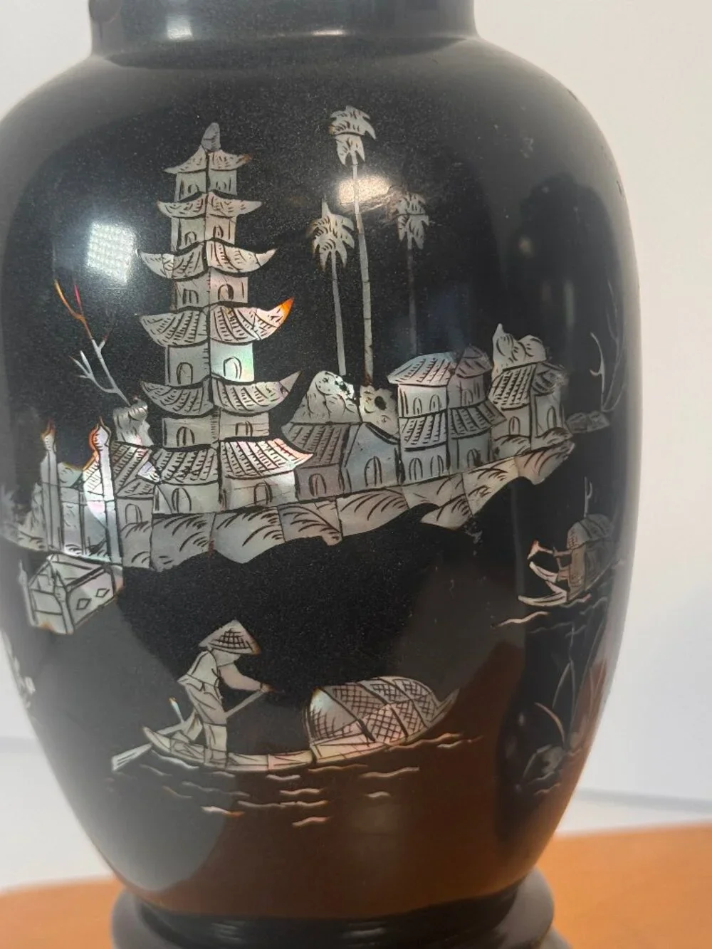 Vintage black lacquer vase/vessel with traditional East Asian-style inlay